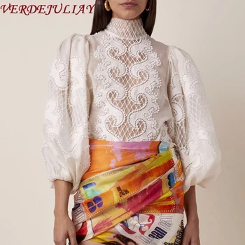 

VERDEJULIAY Runway Fashion Autumn White Shirt Women's Lantern Sleeve Floral Hollow Out Embroidery Elegant Vintage Loose Blouse