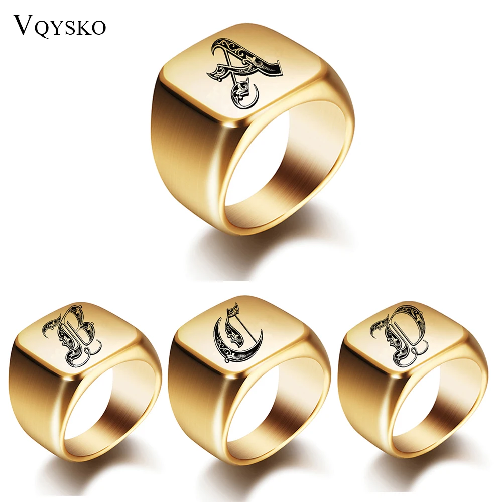 New Mens Rings With Letter Stamp Fashion Gold 18mm Male Stainless Steel Initial Jewelry Wide Ring for Man Party Accessories custom name rings for women men stainless steel customized ring male female personalized wedding finger jewelry birthday gift