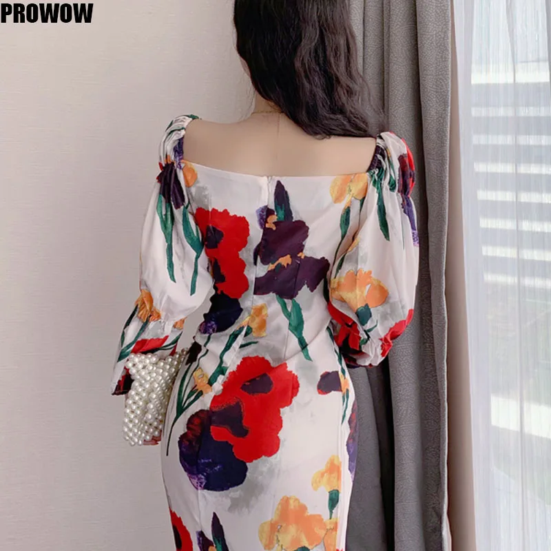 2020 Summer New Elegant Fashion Square Collar Lantern Sleeve Dress Women Flower Print High Waist Vintage Dresses