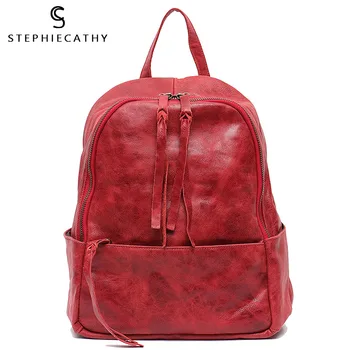 

SC Women Retro Leather Large Backpacks Vintage Oil Wax Leather Tassel Shoulder Bag Functional School Bag Female Travel Knapsacks
