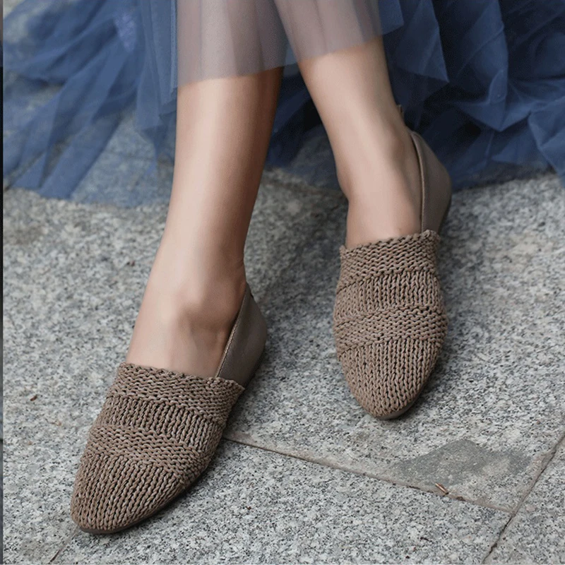 

2019 Original Women's Flats Sheepskin Leather Knitted Soft-soled Women Loafers Handmade Slip-On Shoes