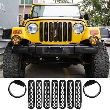 

Front Grill Insert Kit, 7Pcs Grille Front Mesh Grille Inserts + 2Pcs Eye Headlight Bezels for 1997-2006 Jeep Wrangler TJ