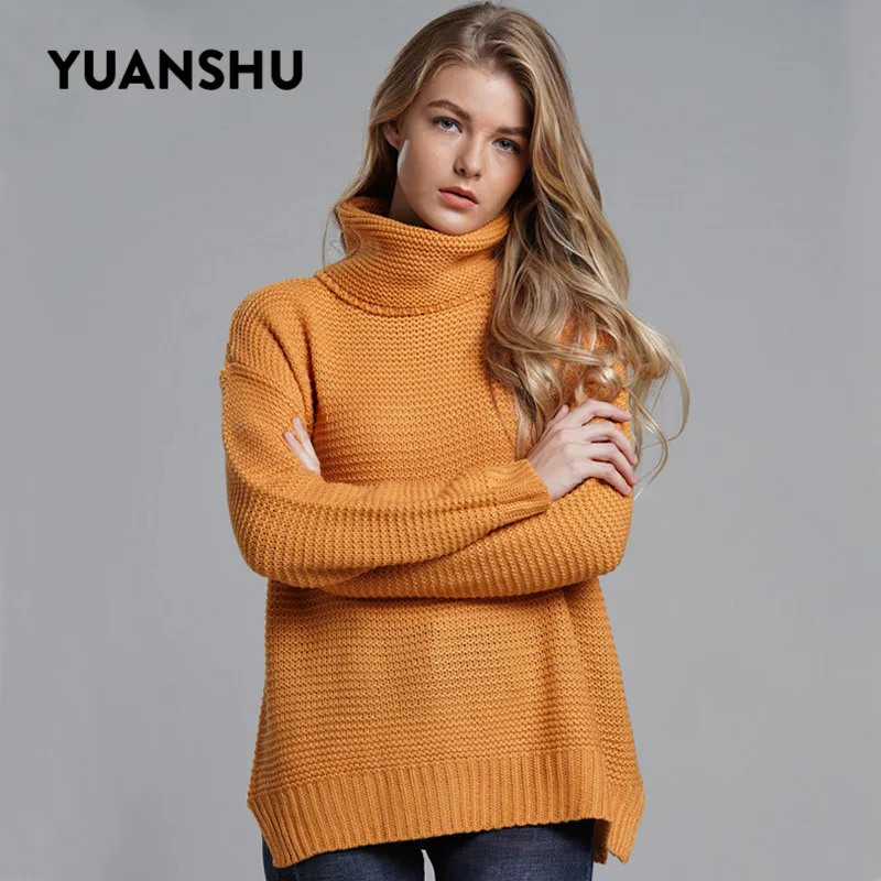 

YUANSHU 2019 Women Solid Pullover Turtleneck Knitted Winter Sweater Long Sleeve Warm Thick Sweaters Fashion Oversized Jumpers