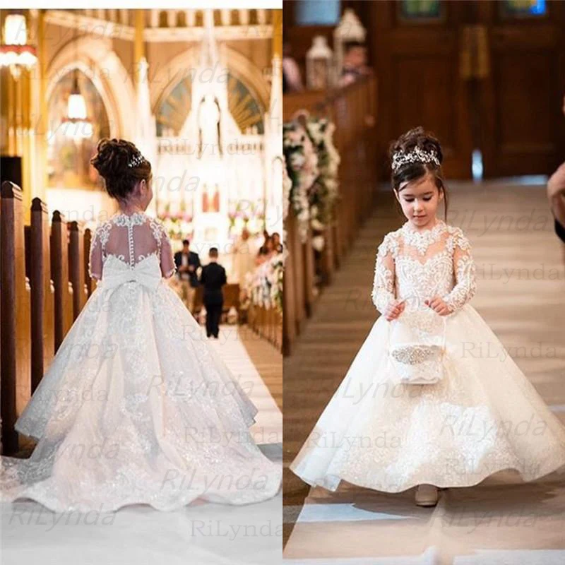 Elegant Vintage Flower Girl Dresses With Sash Ball Gown Satin Lace Top First Communion Dress Kids Clothes | Свадьбы и торжества
