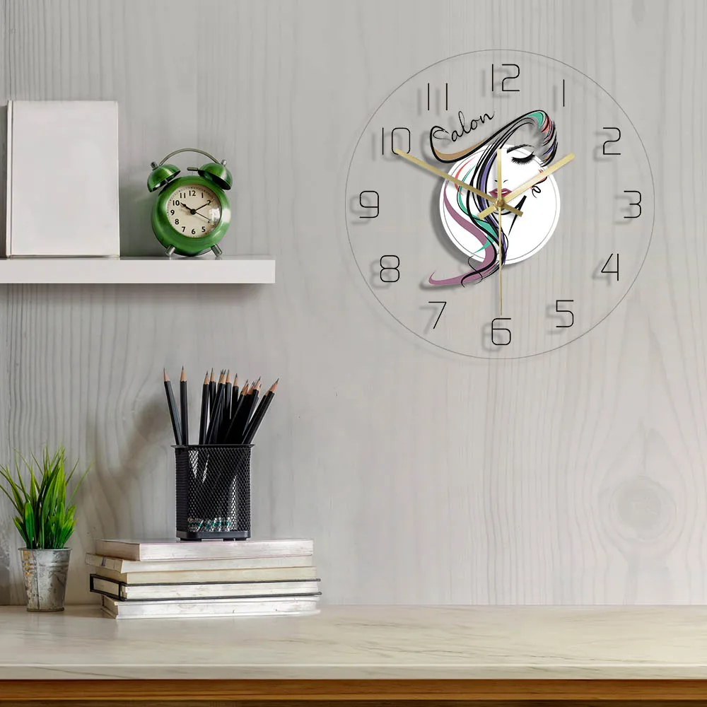 Barber Shop Salon Hairdresser Design Transparent Acrylic Wall Clock Hair Stylist Wall Watch Art Gift for Woman