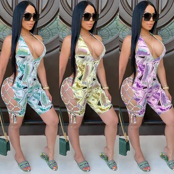

Money Print Side Lace Up Skinny Shorts Jumpsuit Adults Women Sexy Onesies Pajamas Bandage Backless Rompers Overalls