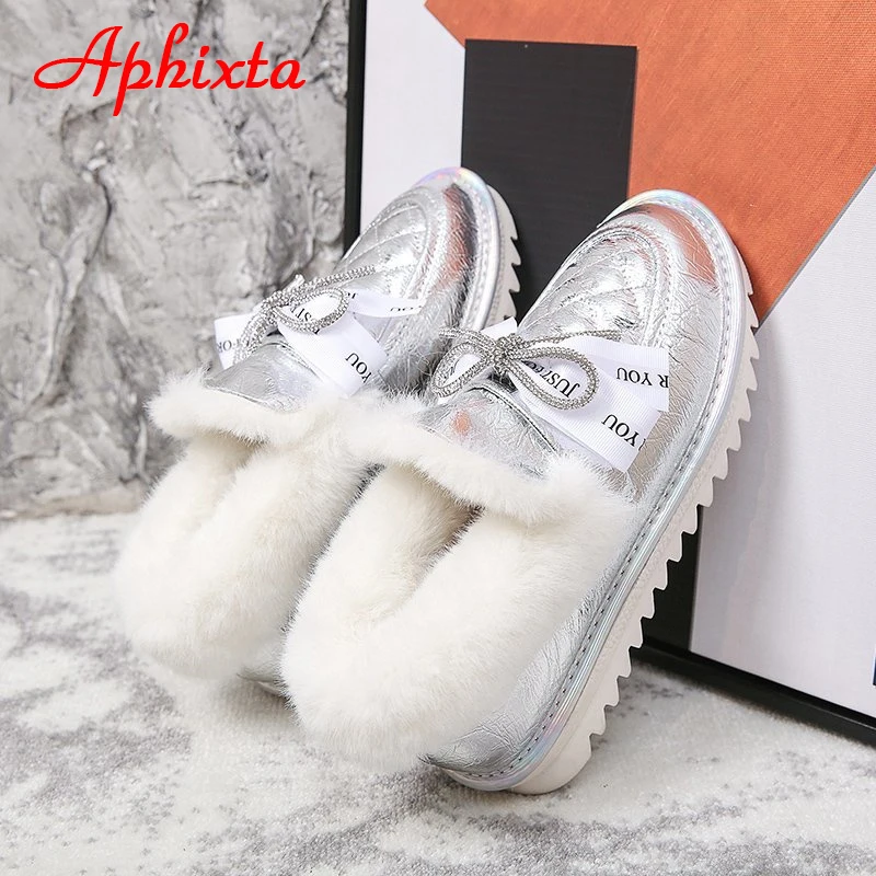 APHIXTA Plush Warm Silver Winter Snow Women Boots Shoes Platform Flat Heel Bling Crystals Bow Waterproof Fur Round Head Shoes