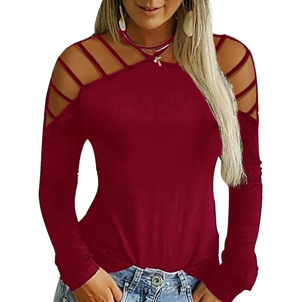 Camiseta holgada manga larga con hombros descubiertos para mujer, camisa Sexy de Color sólido, Polo negro ahuecado con hombros descubiertos|Camisas - AliExpress