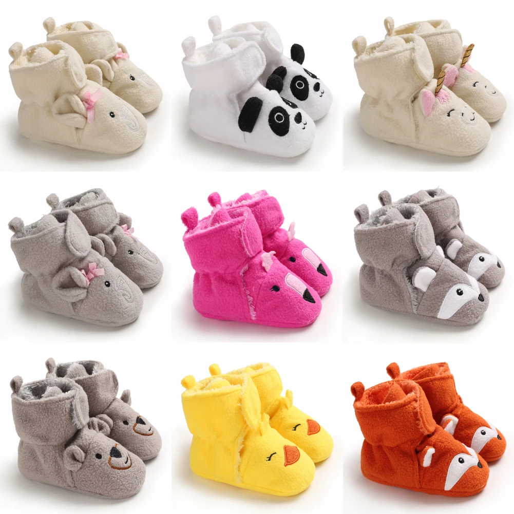 Теплые зимние ботинки с мягкой подошвой для новорожденных мальчиков и девочек флисовые детские ботинки для малышей серые, розовые ботинки с рисунком медведя, панды, утки