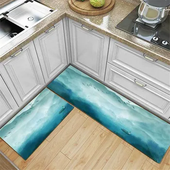 

New Chinese Style Blue Landscape Kitchen Floor Mat Anti-slip Bathroom Mat Set Doormat For Entrance Door Long Striped Bedroom Rug