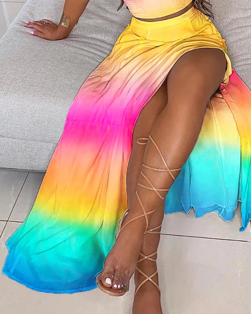 Divasily Summer Off Shoulder Ombre Colorblock Sexy Crop Top High Slit Maxi Two Piece Set Women Boho Long Skirt Suits Robe Femme yellow pant suit