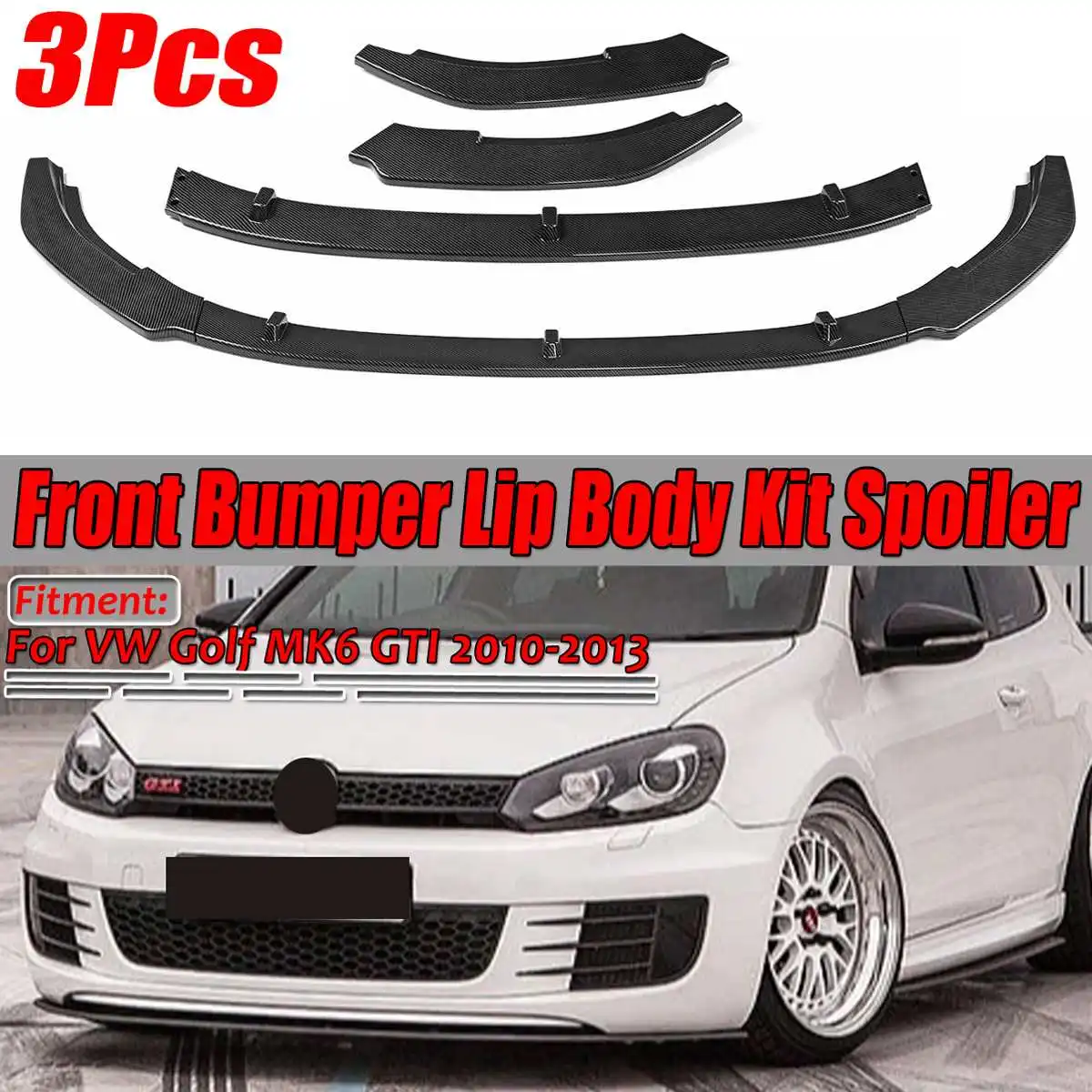 3pcs Carbon Fiber Look Car Front Bumper Splitter Lip