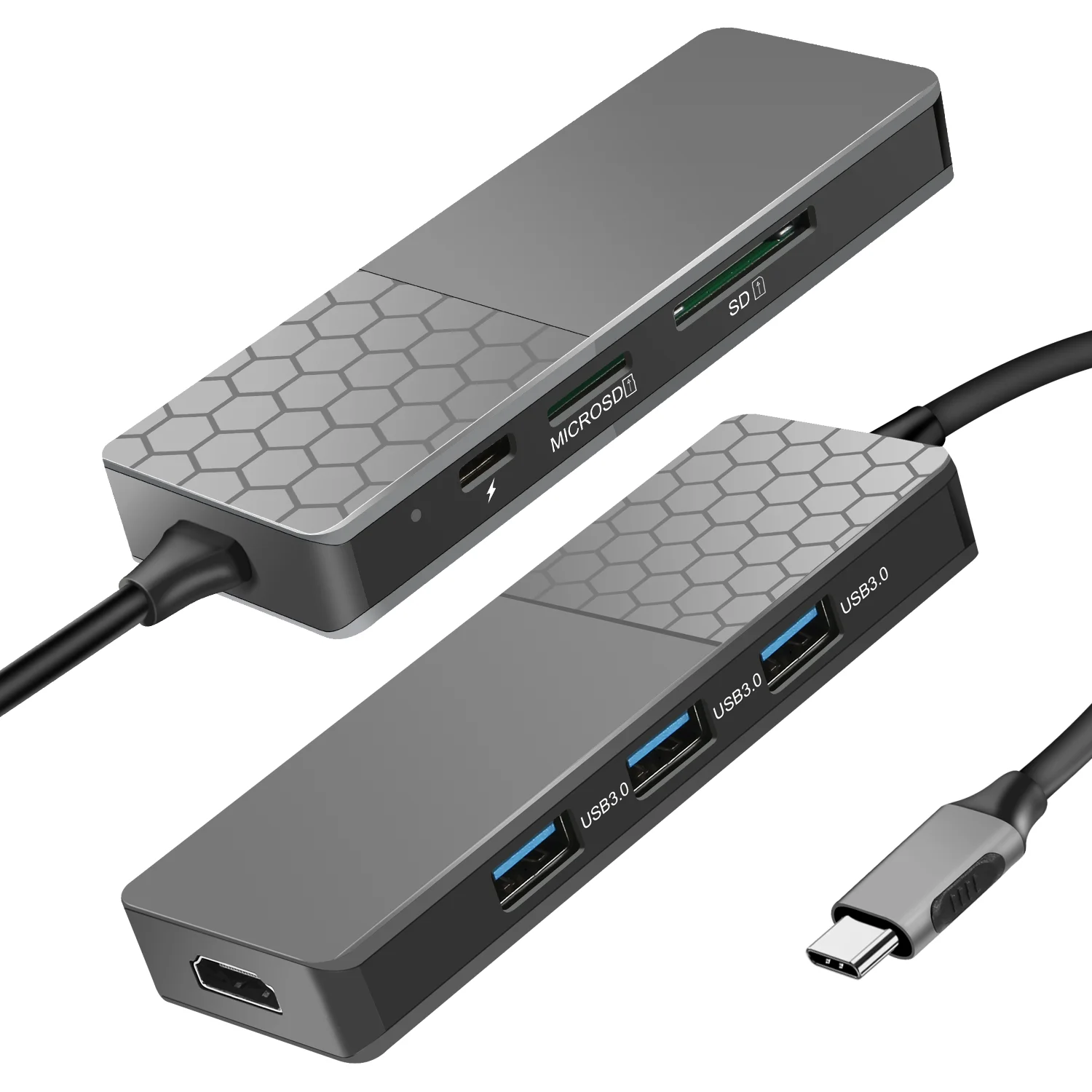 7 в 1 usb-концентратор, адаптер док-станция USB-C до 3 порта USB 3,0+ type-C+ HDMI+ PD+ SD+ TF Многофункциональный для Macbook Lenovo Huawei samsung - Цвет: Серый