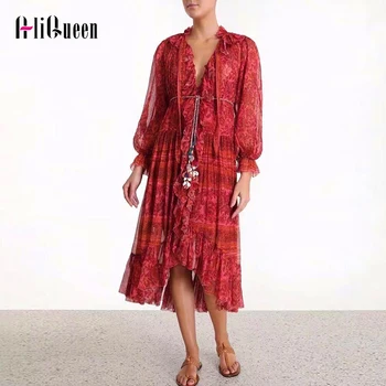 

Shell Lace Up Stand Collar Flare Long Sleeve Women Sexy Ruffles Runway Dress Elegant Spring Print Maxi Party Dresses Vestidos