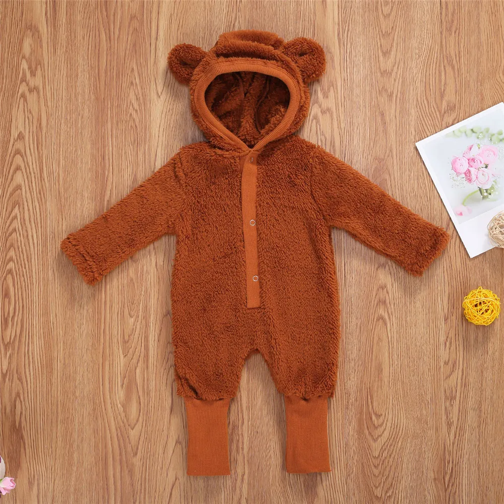 

2020 Newborn Baby Boy Girl Romper Ear Hat Infant Long Sleeve Hooded Jumpsuit Toddler Kids Button-Up Warm Outfit For Winter Fall