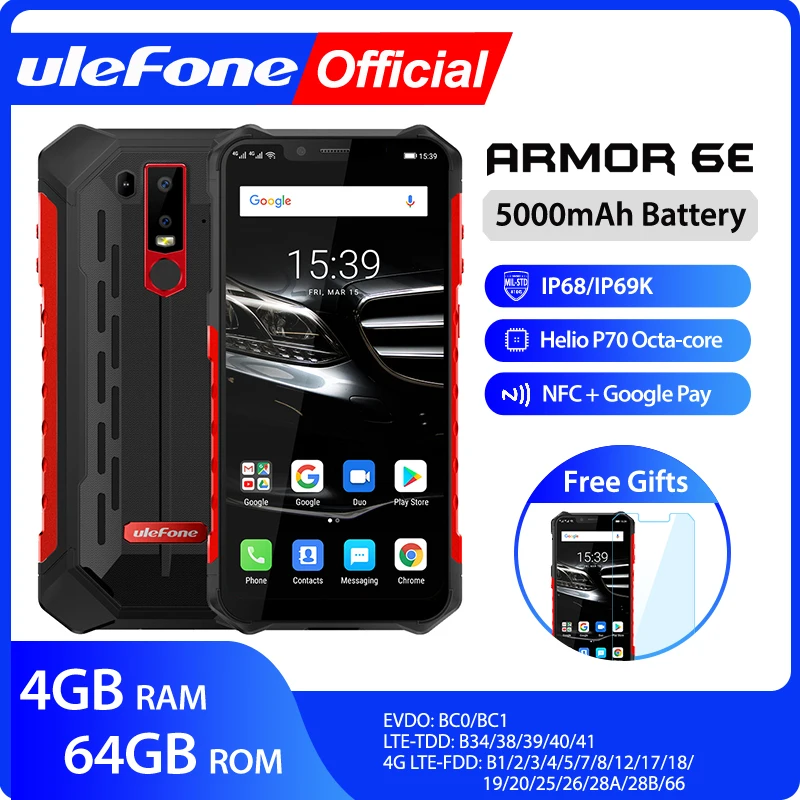 Смартфон Ulefone Armor 6E защищенный IP68 NFC 2 4G/телефон Wi Fi Helio P70 Android 9 0 4 Гб + 64 ГБ