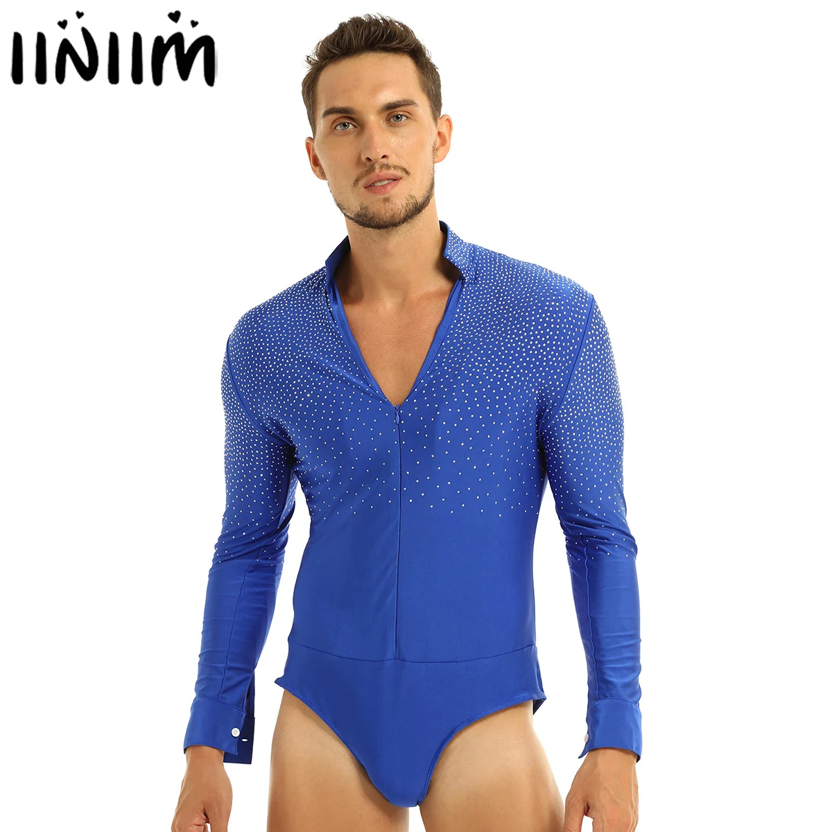 

iiniim Men Shiny Rhinestones Ballroom Bodysuit Costumes Dancewear Latin Tango Rumba Dance Shirt Leotard Bodysuit Shirt Tops