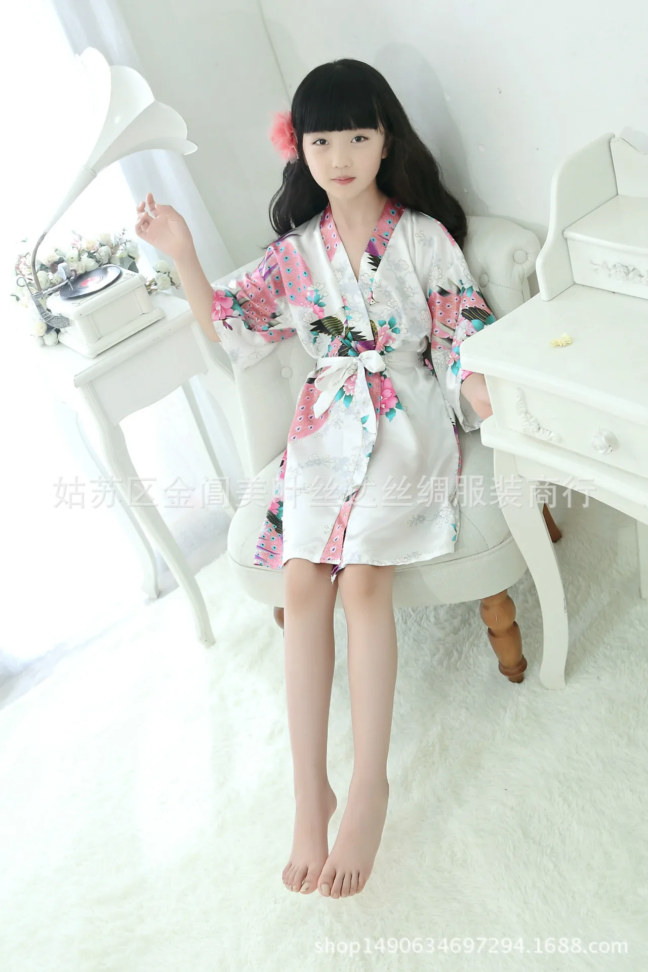 Silk Children One-Piece Peacock Kimono Robe Nightgown Pajamas AliExpress Hot Selling