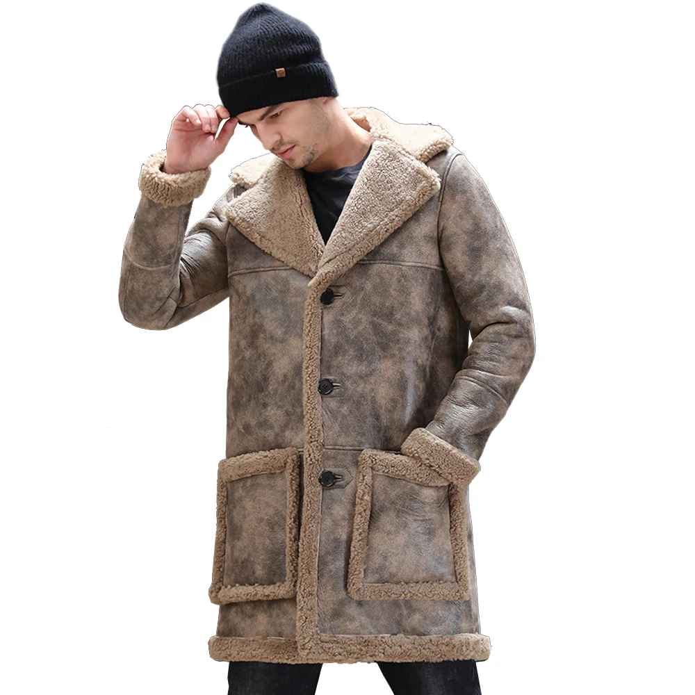 Soft Comfortable Sheepskin Fur Shearling Coat Yellow Winter Medium Long Real Fur Coat Men Warm Genuine Leather Suedue Jackets