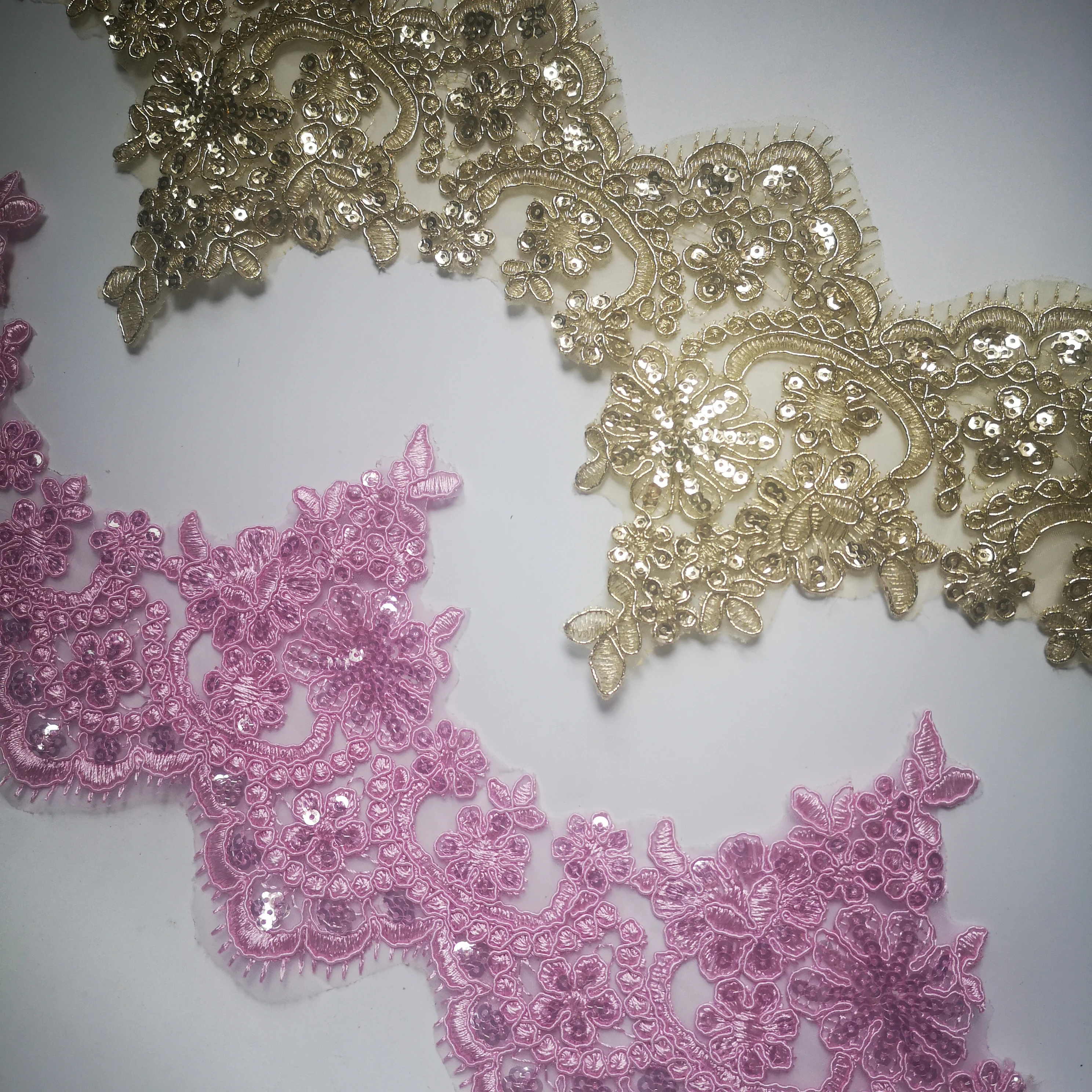 Gold Pink Lace Trim Luxury Embroidery Lace Fabric For Wedding Dresses 1Yard 13.5cm wide