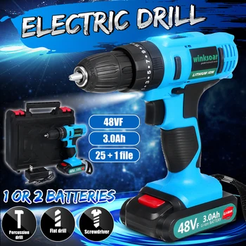 

21V 48VF Rechargeable Electric Drill Cordless Screwdriver 25 + 1 File 3 Speed Impact Drill Powers Tool 3.0Ah Lithium Ion Battery