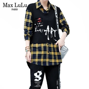 

SOUL OF TIGER 2020 New Spring Korean Style Ladies Casual Two Pieces Sets Womens Plaid Patchwork Suits Streetwear Tops And Pants