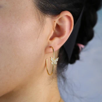 

2 Colors Big Circle Earrings With Butterfly Paved White Cz Dainty Jewelry For Women Wedding Gift 2020 New Simple Style