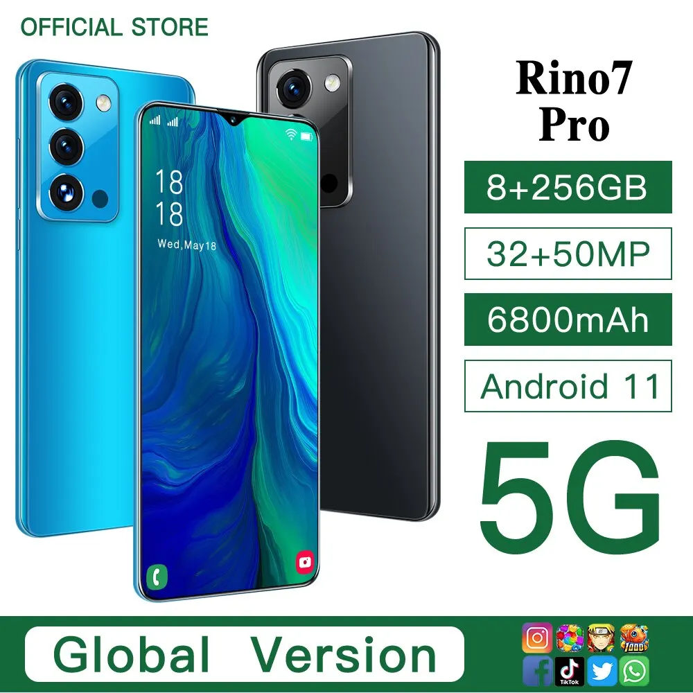 Rino7 Pro Smart Phone 7.0 Inch 6800mah 8 + 256gb Fingerprint Id Sim Double Micro Sd  Andriod 11 Qualcomm 888 Cell Phone