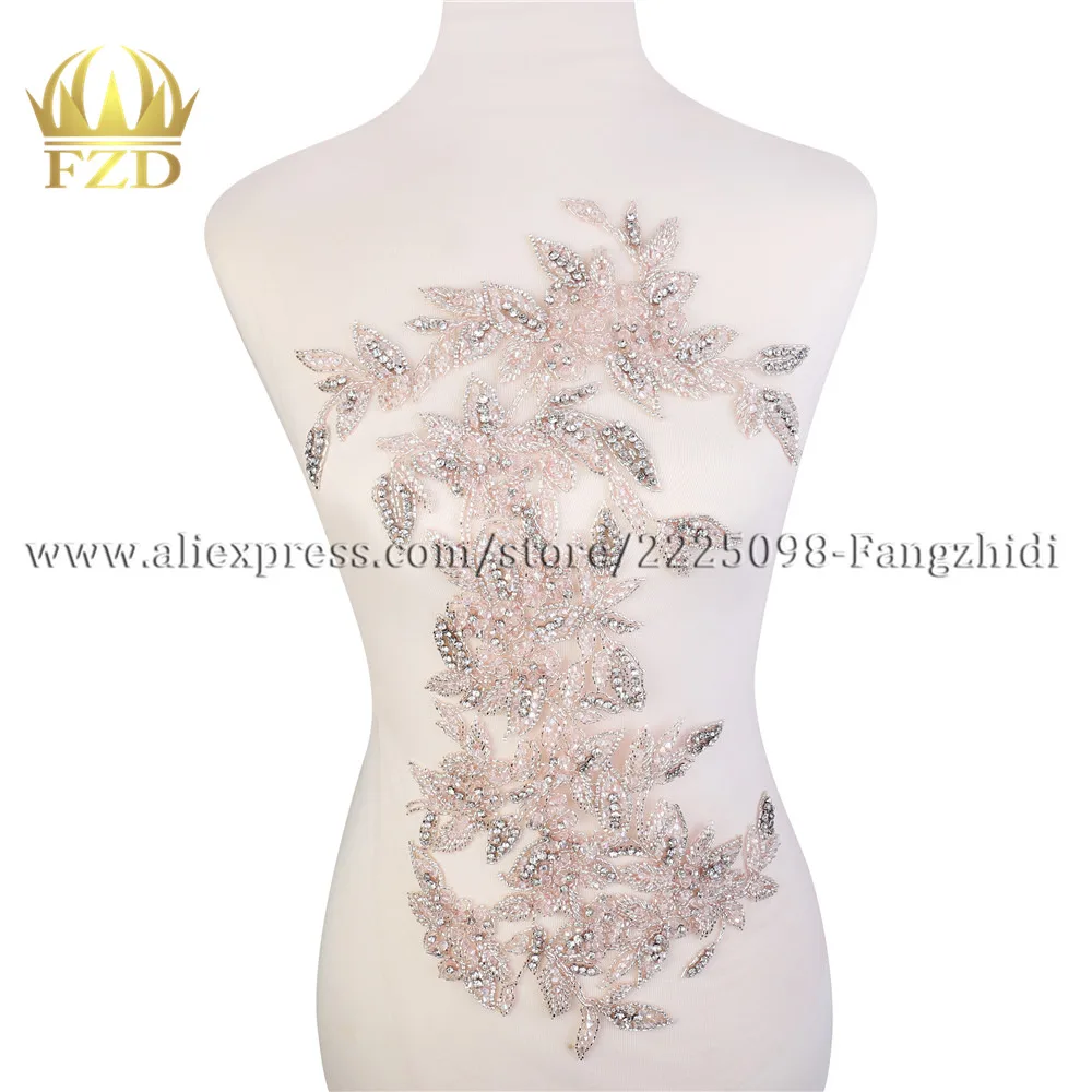 

(10 pieces)Handicraft light pink Beaded Patches Stone and Rhinestone Leaf Shape Trimming for Evening Dress Accessories Decor