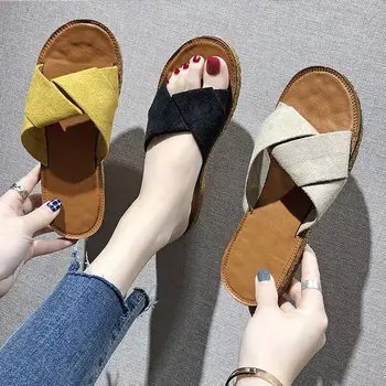 

2020 Woman Summer Flock Home Shoes Women House Slippers Warm Faux Fur Ladies Cross Soft Female Open Toe Slides Fashion Shoes