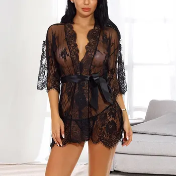 

Sexy Sleepwear Night Dress Women Nightwear Eyelash Halter Nightgown Lingerie Nightdress G-String Underwear Set S-2XL