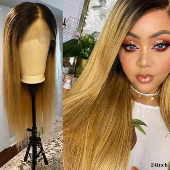 

Ombre Brown 13x4 Lace Front Human Hair Wigs Pre Plucked 1B 27 Brazilian Straight Transparent Lace Wigs Remy Hair Wig 150% KEMY