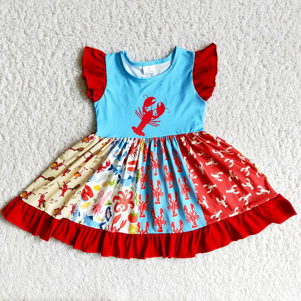 

Summer Fashion Kids Boutique Frocks Toddler Girls Lobster Print Twirl Dress Short Sleeve Stitching Sweet Dresses