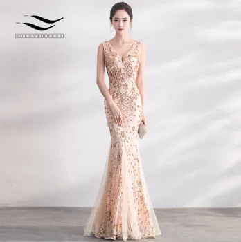 

Solovedress Patterned Sequin Mermaid Evening Dress Sleeveless Double V Backless Bodycon Formal Gown Lace Tulle at Bottom E715