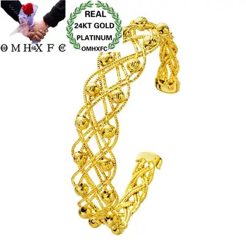 

OMHXFC Wholesale European Fashion Woman Girl Party Wedding Gift Knitting Lucky Beads 24KT Gold Open Bangles Bracelets BE127