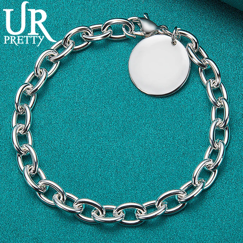 

URPRETTY 925 Sterling Silver Smooth Round Pendant Chain Bracelet For Man Women Wedding Engagement Party Fashion Jewelry