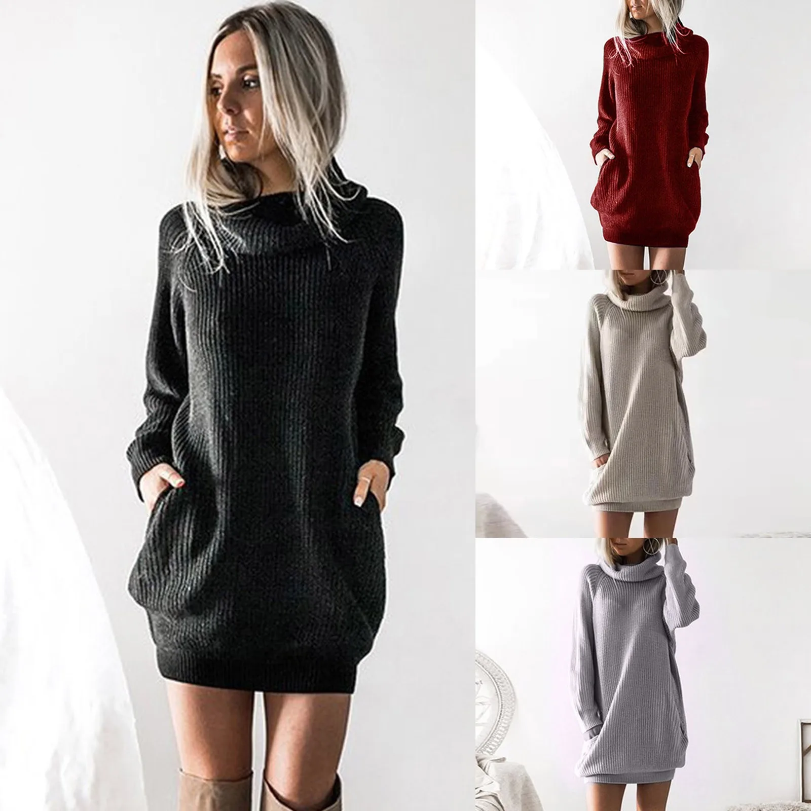 Knitwear Loose Winter Turtle Dress Sweater Autumn Sleeve Jumper Long Neck Womens 