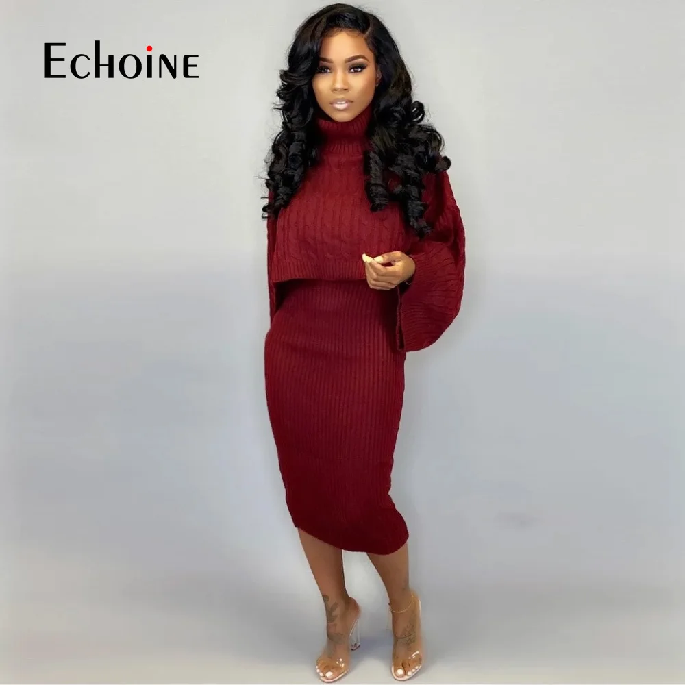 

2019 Autumn winter Womans Sweater+ Straped Dress Sets Solid Color Female Casual Two-Pieces Suits Loose Sweater Knit Full Dress
