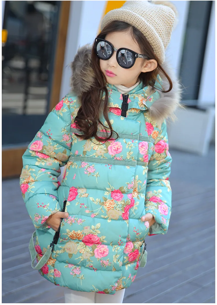 Childrenswear Winter Style Korean-style Girls' Fur Collar Cotton-padded Clothes Thick Coat Mid-length Floral-Print Cotton-p