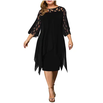

Black Women Perspective Mesh Dress Chiffon Hollow Out O-neck Ladies Double Plus Size Dress Spring Summer Robe Hiver Femme #YL5