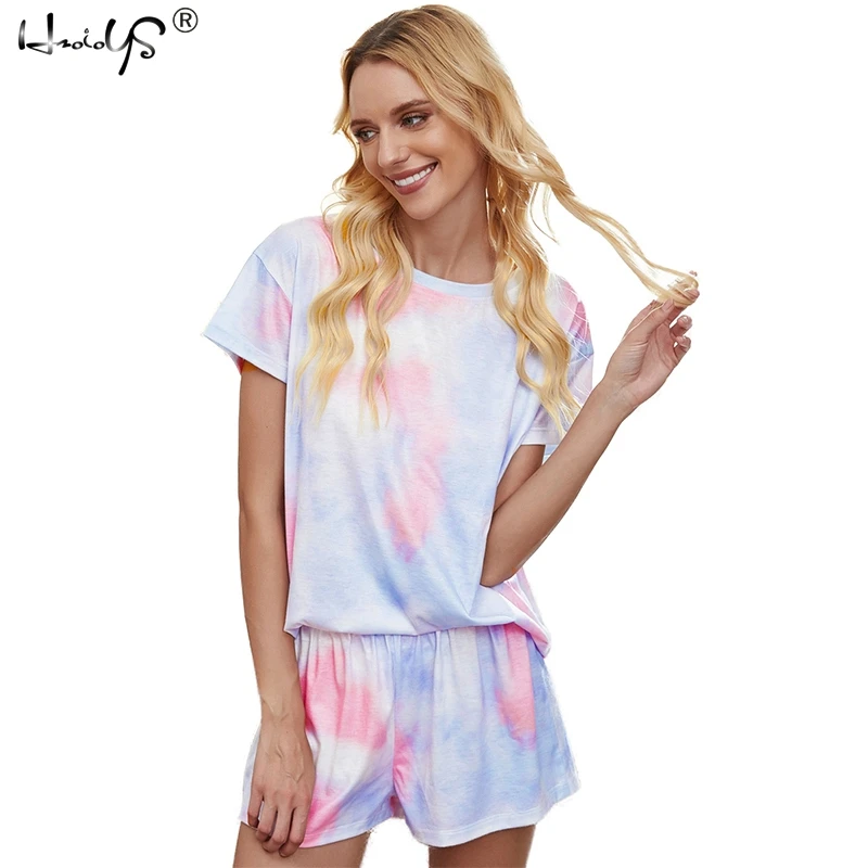 

Pajamas Women's Printing Tie-dye Stars Pajamas Set Short Sleeve T Shirts Shorts Summer Pijama Home Service Suit Nightwear