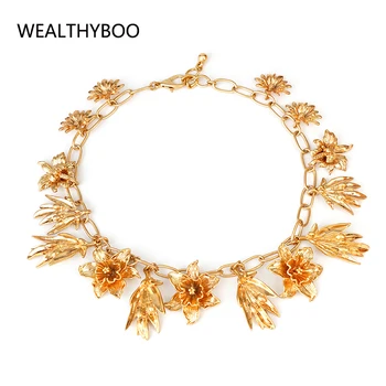 

WealthyBoo Vintage Metal Flowers Choker Necklace Party Plant Lily Leaves Cluster Charms Choker Collar Statement Pendant Necklace