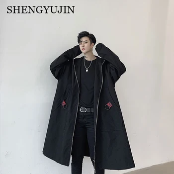 

SHENGYUJIN Autumn dark ins personality ribbon decoration men's long oversize loose hooded windbreaker jacket