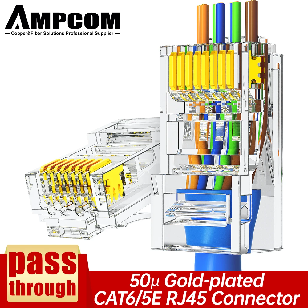 AMPCOM CAT6 CAT5E Pass Through RJ45 Modular Plug Network Connectors UTP 3/50μ Gold-Plated 8P8C Crimp End for Ethernet Cable