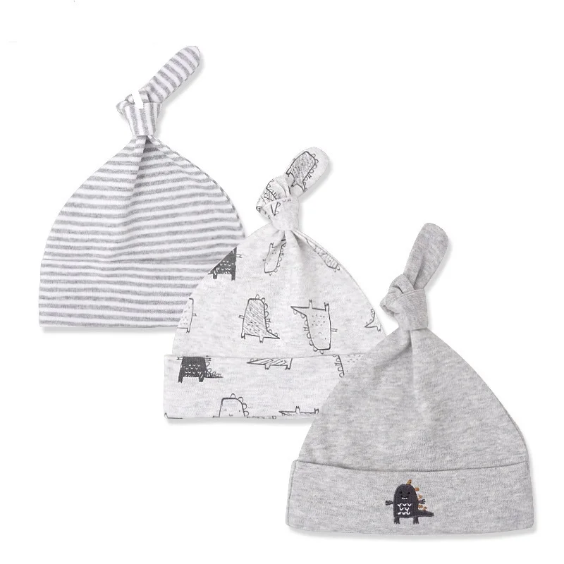 gray monster 3 шт./партия, детские шапки из хлопка с принтом, детские шапки и кепки для детей от 0 до 6 месяцев, аксессуары для новорожденных, детская шапка с помпонами - Цвет: gray monster