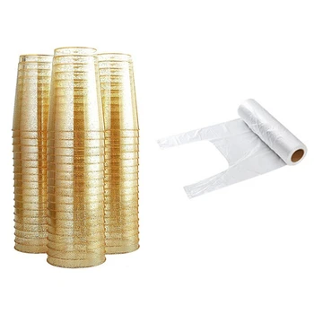 

New 200Pcs 9OZ Cups,Disposable Gold Glitter Cups-Premium & 100 pcs Fresh-Keeping Bags Vacuum Food Saver Bag