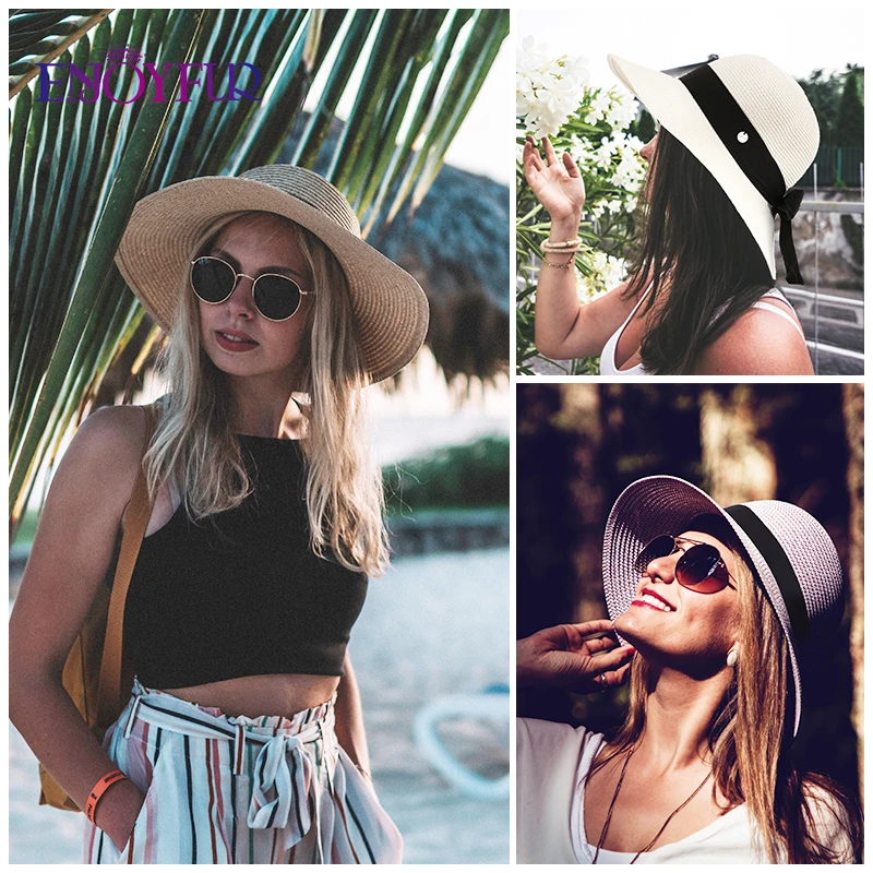 Summer Sun Straw Hats for Women Wide Brim Ribbon Bow Beach Hat Female Fashion UV UPF Sun Protection Hats for Travel beach hat women sun hat