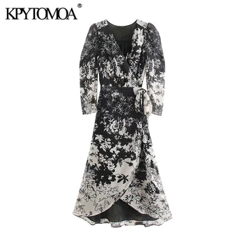 

KPYTOMOA Women 2020 Elegant Fashion Floral Print Wrap Maxi Dress Vintage Long Sleeve Bow Tie Sashes Female Dresses Vestidos