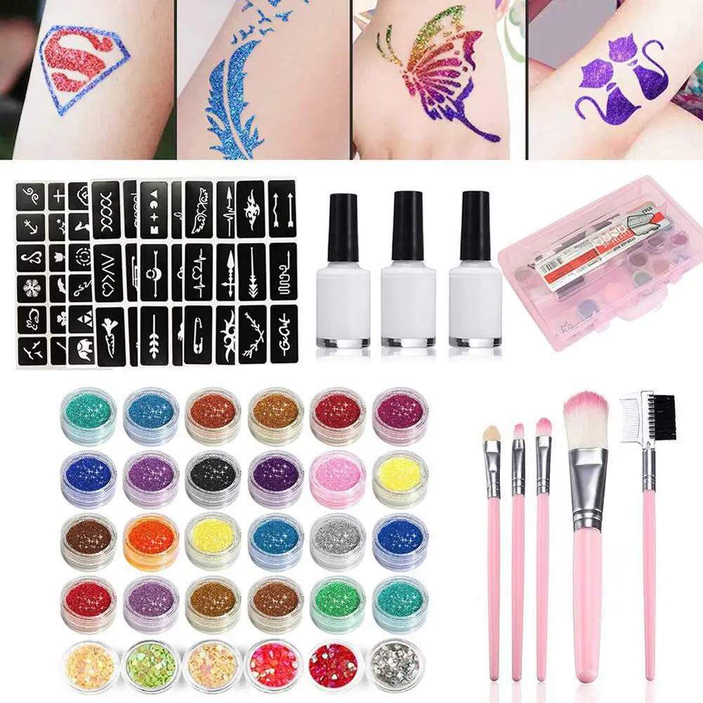 30 Colors Diamond Flash Glitter Powder Template Tattoo Set 60 Flash Template Set For Adult Kids Face Body Art Painting Makeup