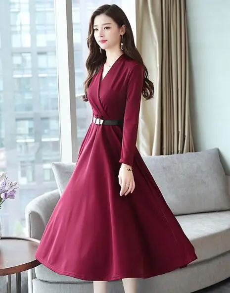Осень Новое поступление размера плюс высокое качество элегантное однотонное женское шифоновое длинное платье с поясом - Color: Red
